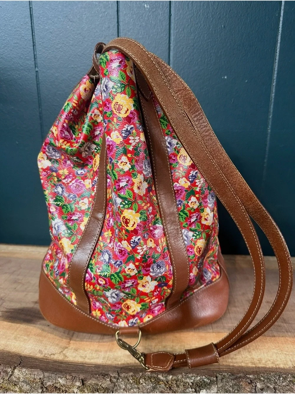Kenzo Paris Floral Leather Backpack Vintage Drawstring Duffle Bag Tartan Lined